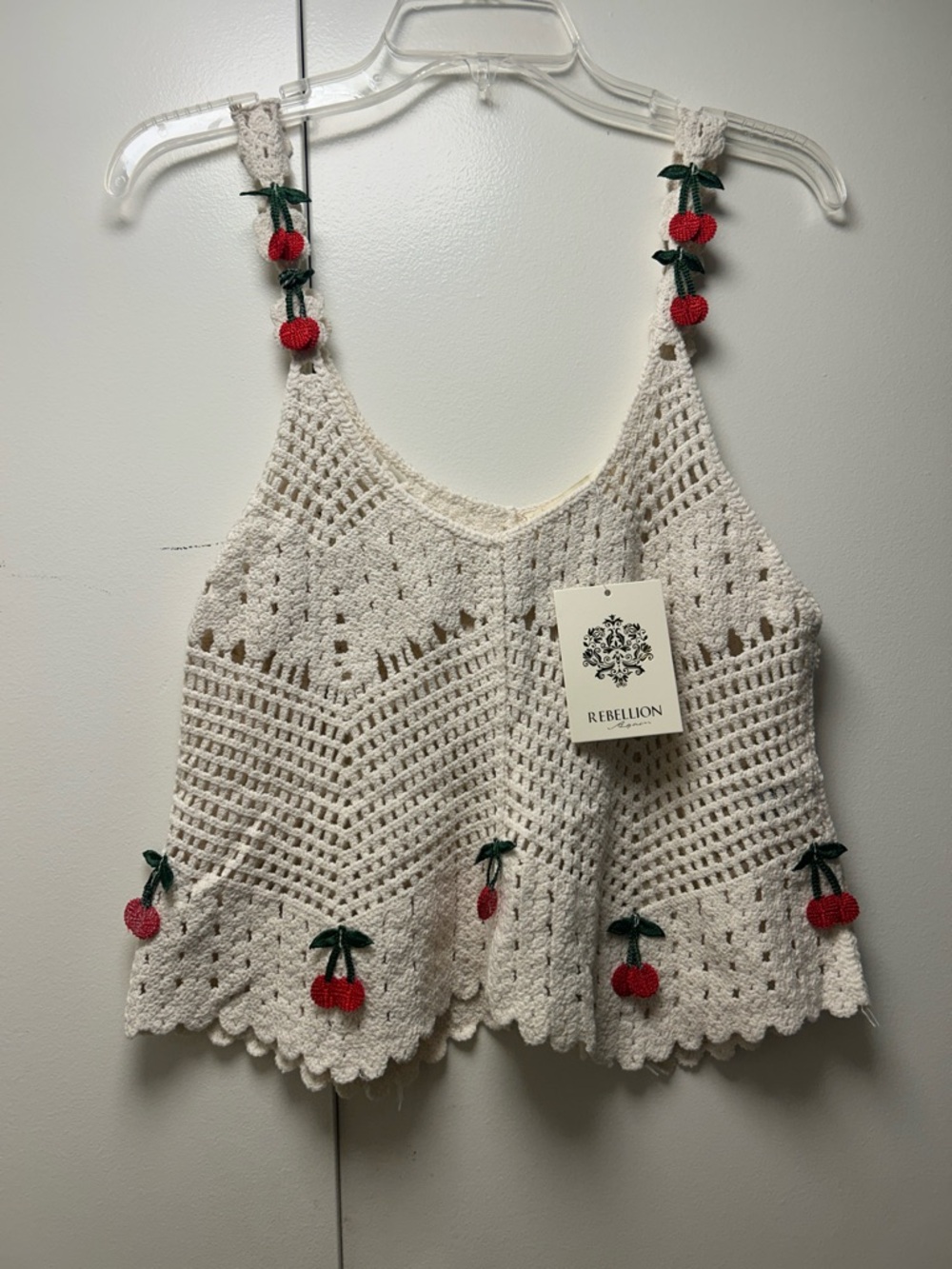 Rebellion Cream Crochet Tank with Red Cherry Appliqués
